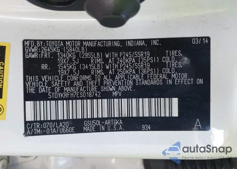 2014 Toyota Highlander Limited V6 from USA, damaged, VIN 5TDYKRFH7ES018742